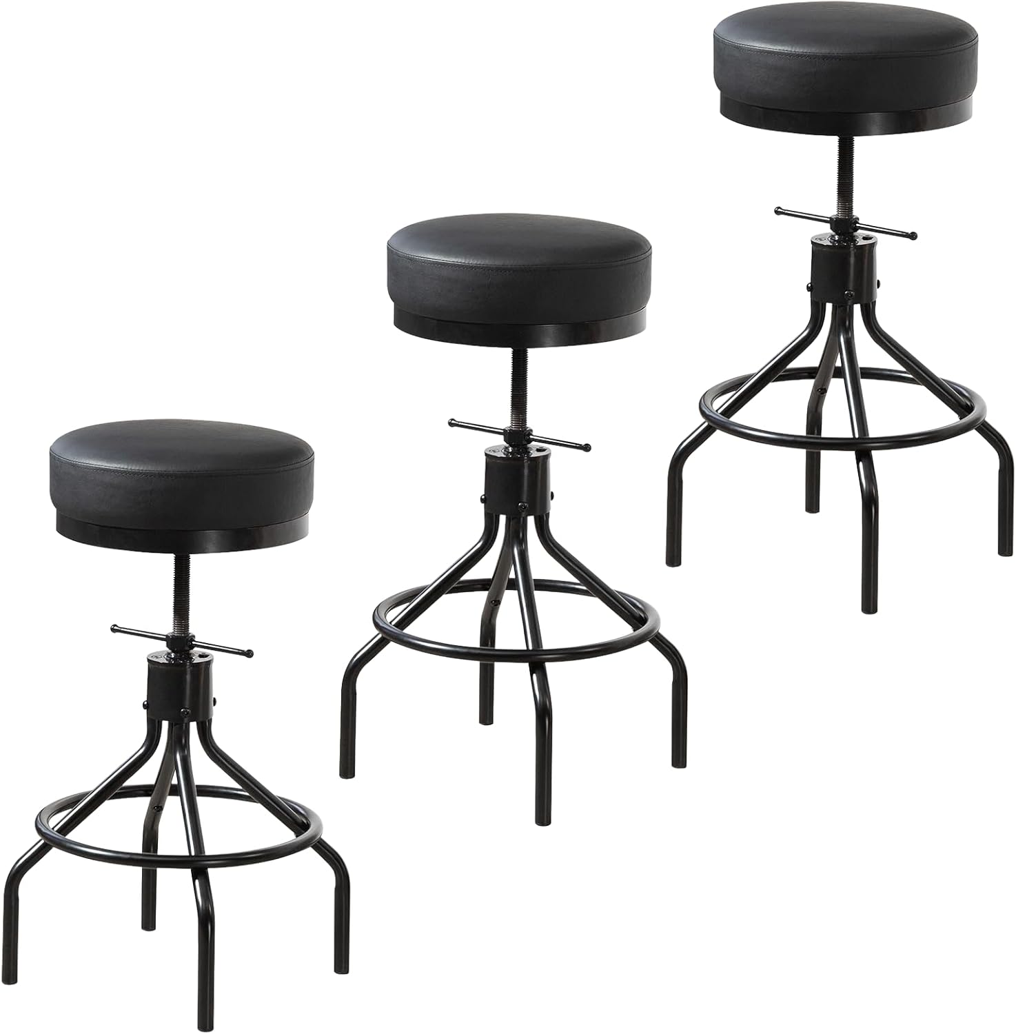 CHIDOCHILO Industrial Bar Stools Set of 3 Adjustable Barstools Swivel Modern PU Leather 28inch Round Backless Kitchen Counter Height Metal Stool Bar Chair for Kitchen Island (3, Black)