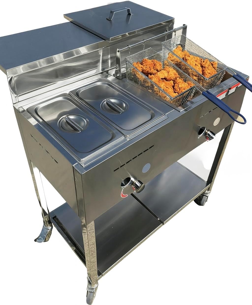 Deep Fryer Cart with 2 Baskets | 3 Gallon Single Tank | 2 Pan Steam Table | Portable 4 Wheel | Stainless Steel | Outdoor Propane Frying Cart for Chicken, Fish, & More | Commercial & Home