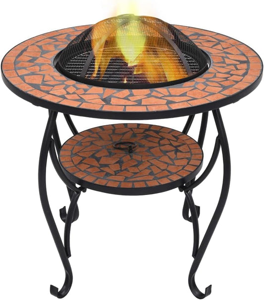Mosaic Fire Pit Table Terracotta Steel Fire Pit Bowl with Safety Mesh and Poker Tool for Garden Patio Heating 26.8" Ceramic