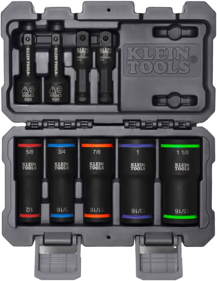 Klein Tools 66055 2-in-1 Flip Socket Set, Color-Coded, 12-Point, Includes 4 Adapters, 3/8-Inch and 1/2-Inch Drive