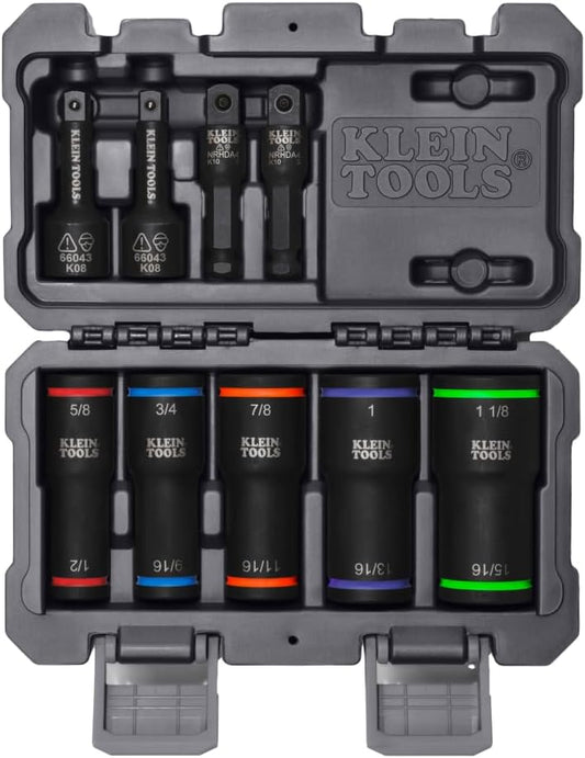 Klein Tools 66055 2-in-1 Flip Socket Set, Color-Coded, 12-Point, Includes 4 Adapters, 3/8-Inch and 1/2-Inch Drive