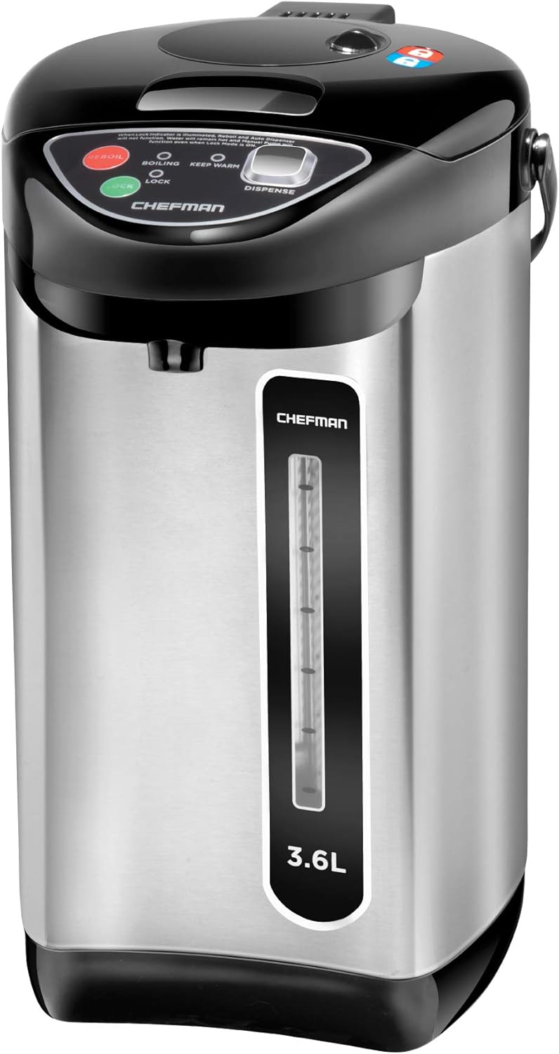 Chefman Electric Hot Water Pot Urn w\/Auto & Manual Dispense Buttons, Safety Lock, Instant Heating for Coffee & Tea, Auto-Shutoff & Boil Dry Protection, Insulated Stainless Steel, 3.6L\/3.8 Qt\/20+ Cups