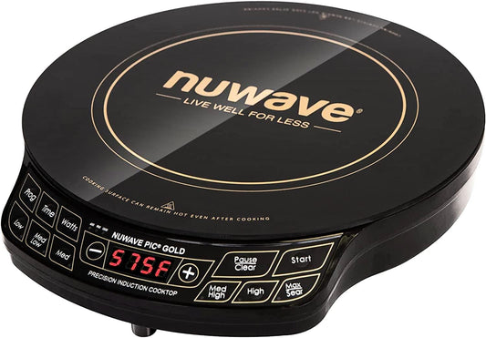 Nuwave Gold Precision Induction Cooktop, Portable, Powerful with Large 8\u201D Heating Coil,100°F to 575°F, 3 Wattage Settings, 12\u201D Heat-Resistant Cooking Surface