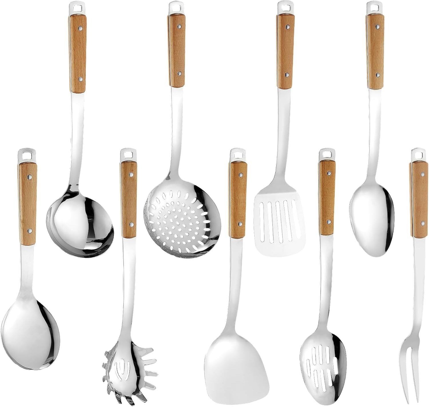 9pcs Cooking Utensils Set 304 Stainless Steel Kitchen Utensils with Wooden Hanlde Metal Kitchen Utensils Soup Ladle Set Dishwasher Safe Kitchen Essentials Set Kitchen Tool Set, Dishwasher Safe