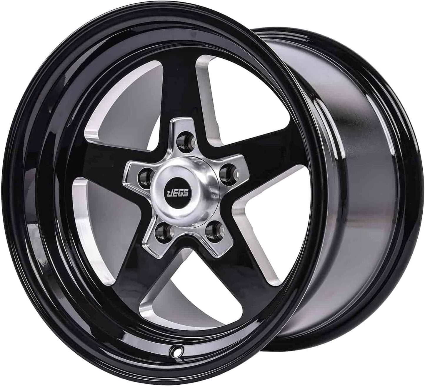 JEGS SSR Star Aluminum Wheel 15” x 10” | 5 x 4.5” Wheel Bolt Pattern Spacing | 25 mm Offset | 6.5” Backspacing | Gloss Black Powder Coat | 3.27” Center Bore | Includes Center Cap
