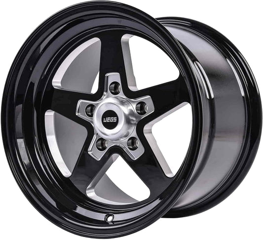 JEGS SSR Star Aluminum Wheel 15” x 10” | 5 x 4.5” Wheel Bolt Pattern Spacing | 25 mm Offset | 6.5” Backspacing | Gloss Black Powder Coat | 3.27” Center Bore | Includes Center Cap