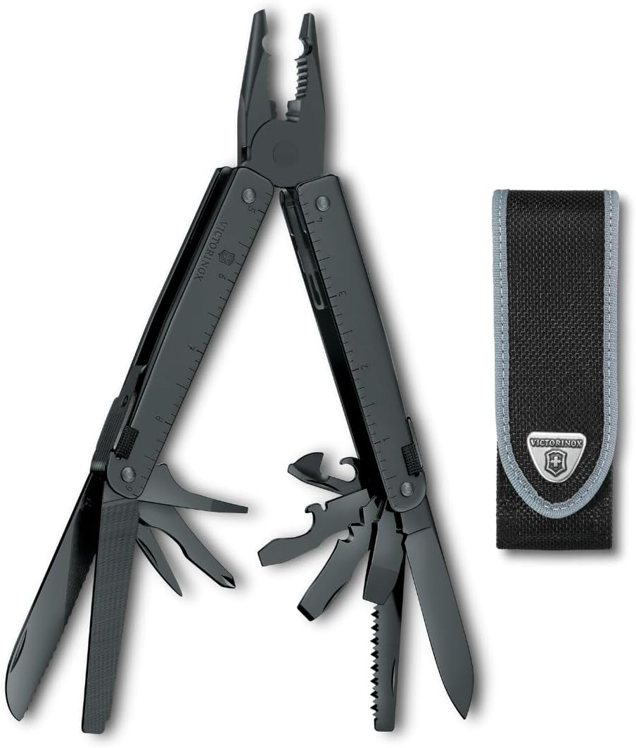 Victorinox Swiss Tool BS, 24 Function Swiss Made MultiTool with 2 Blades (Large and Serrated), 5 Screwdrivers, Pliers and Chisel - Black