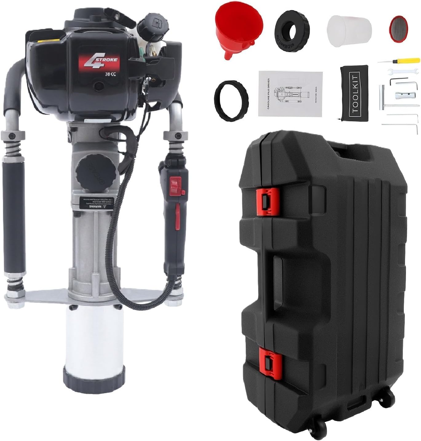 37.7CC 4 Stroke Gas-Powered T Post Driver, Gas Powered Pile Driver with Storage Box, Single Cylinder Gasoline Petrol Fencing Tool for Construction and Fencing,8500RPM