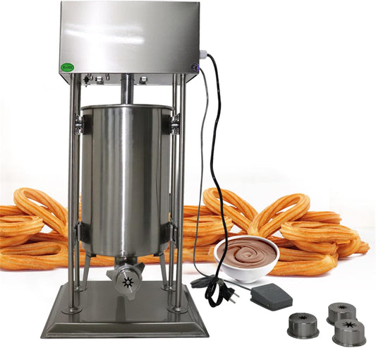 Electric Churros Machine, 15L Vertical Commercial Stainless Steel Spanish Churros Donuts Maker Machine with 4 Nozzles for Homes Restaurants Bakeries