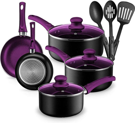 Chef\u2019s Star Aluminum Pots and Pans Set for Kitchen - Nonstick Stackable Induction Cookware, 11 Pcs, Purple