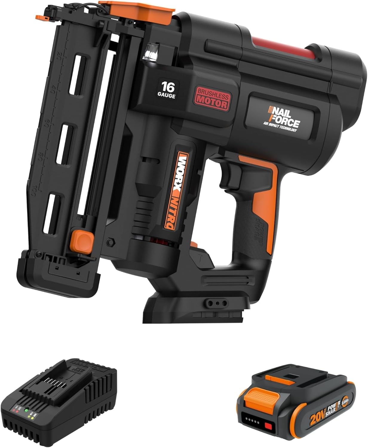 Worx Nitro 20V 16GA Finish Nailer Cordless 70 Nails\/Min Sinks Up to 2-1\/2", Compact Cordless Nail Gun w\/Tool-Free Jam Release, Brushless Nail Gun Battery Powered WX841L \u2013 Battery & Charger Included