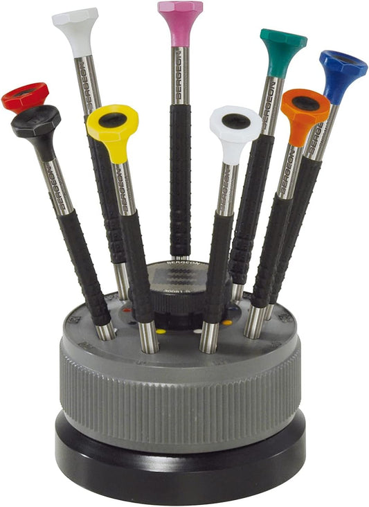 Bergeon Screwdriver Assortment 6899-S09 9 Piece Set with Delrin Shank on Swivel Base and Stainless Steel Blades