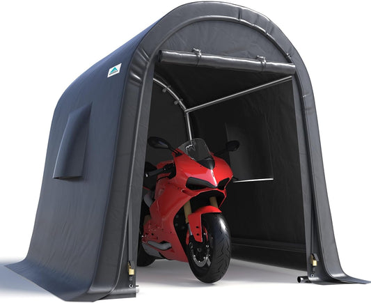 ADVANCE OUTDOOR 6x8 ft Storage Shed Shelter Steel Metal Round Peak Roof Portable Garage Carport for Motorcycle, Boat, or Garden Tools with 2 Roll up Doors & Vents,Dark Gray