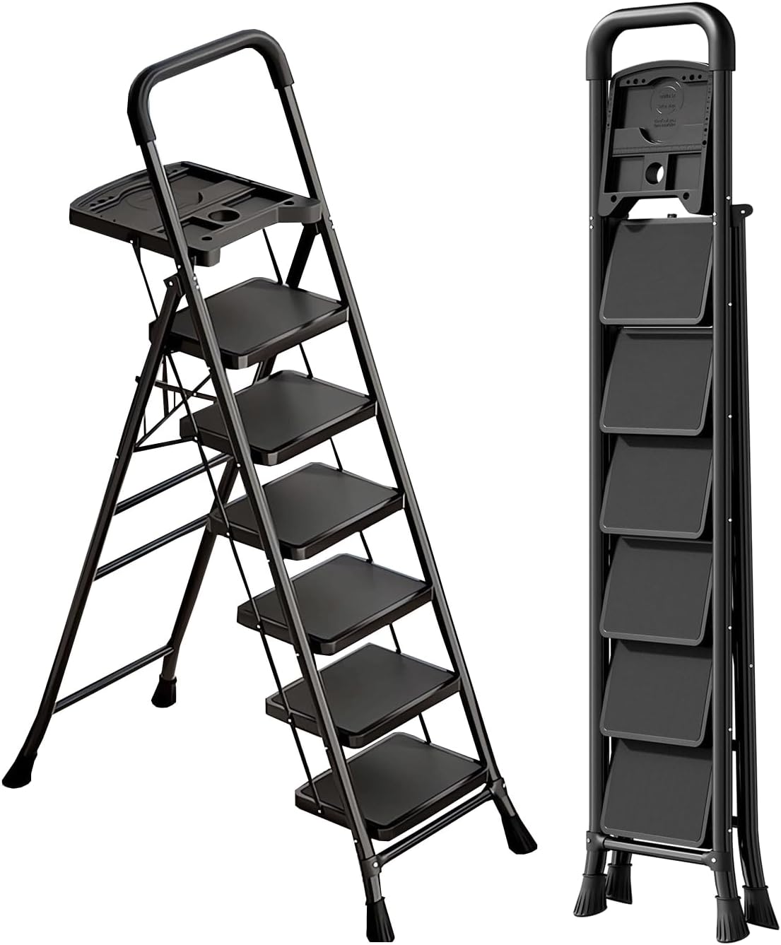 6-Step Ladder with Tool Tray,Portable Step Tool 330lb Load,Folding Anti-Slip Step Ladder with 10"x15" Anti-Slip Widen Pedals,Handrail,Safe-Lock Design Carbon Steel Step Ladder for Home Kitchen+1