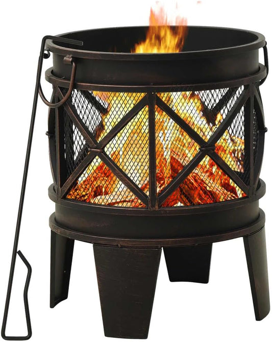 Rustic Fire Pit with Poker Φ16.5 21.3" Steell Steel Fire Pit with Mesh Cover, Outdoor Fireplace for Garden and Patio Warmth