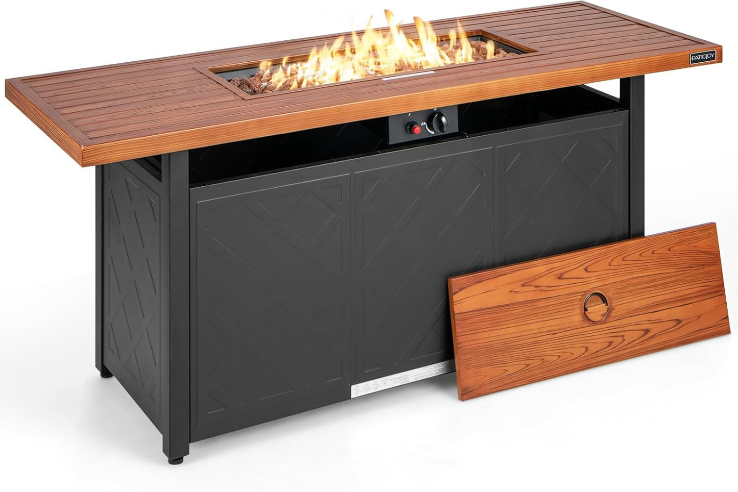 COSTWAY 57" Gas Fire Pit Table, 50,000 BTU Outdoor Patio Propane Fire Table, Rectangular Fire Pit with Wood-Like Tabletop, Lid and Lava Rocks, Suitable for Poolside, Garden, Balcony