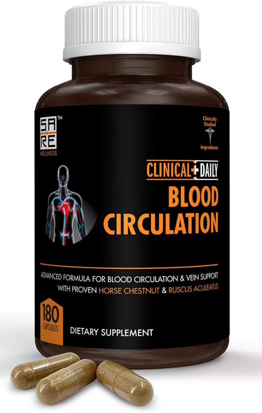 Clinical Daily Blood Circulation Supplements. Butchers Broom, Horse Chestnut, Hawthorn, Cayenne, Arginine, Diosmin Varicose Veins Treatment for Legs. Poor Circulation and Vein Support. 180 Capsules.