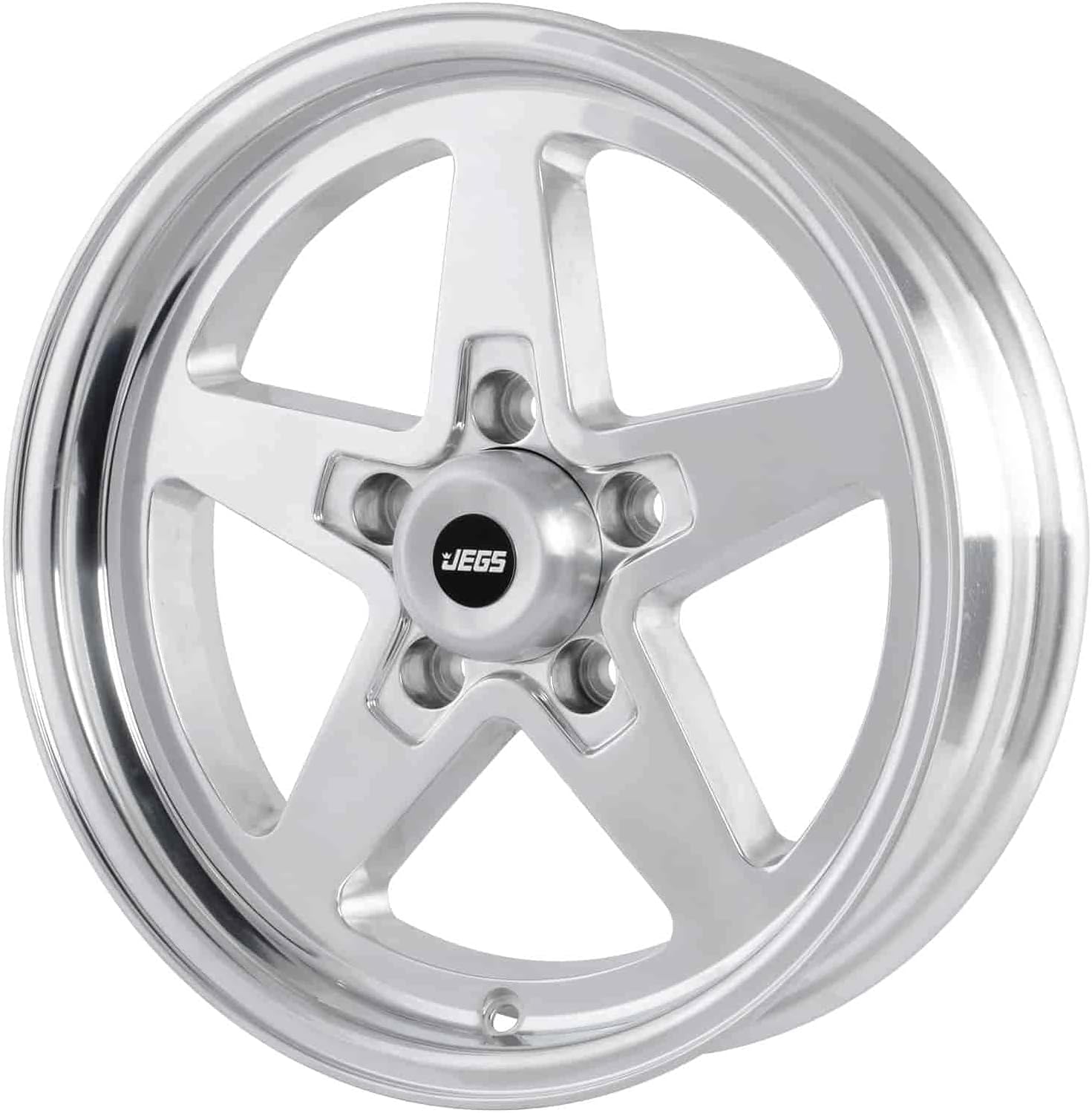 JEGS SSR Star Aluminum Wheel 15” x 4” | 5 x 4.75” Wheel Bolt Pattern Spacing | -19 mm Offset | 1.75” Backspacing | Polished Aluminum | 3.27” Center Bore | Includes Center Cap