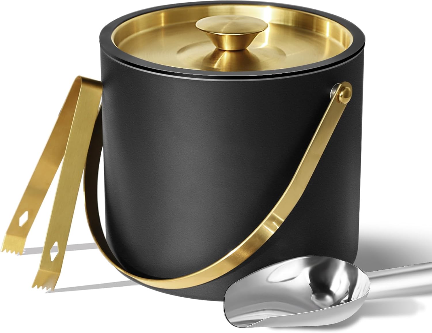 Bakpoco 3L Ice Bucket with Silicone Lid, Scoop, Gold Tongs & Strainer, Stainless Steel Double Wall Insulated Ice Buckets for Parties & Cocktail Bar, Outdoor Champagne Ice Container Bin, Black