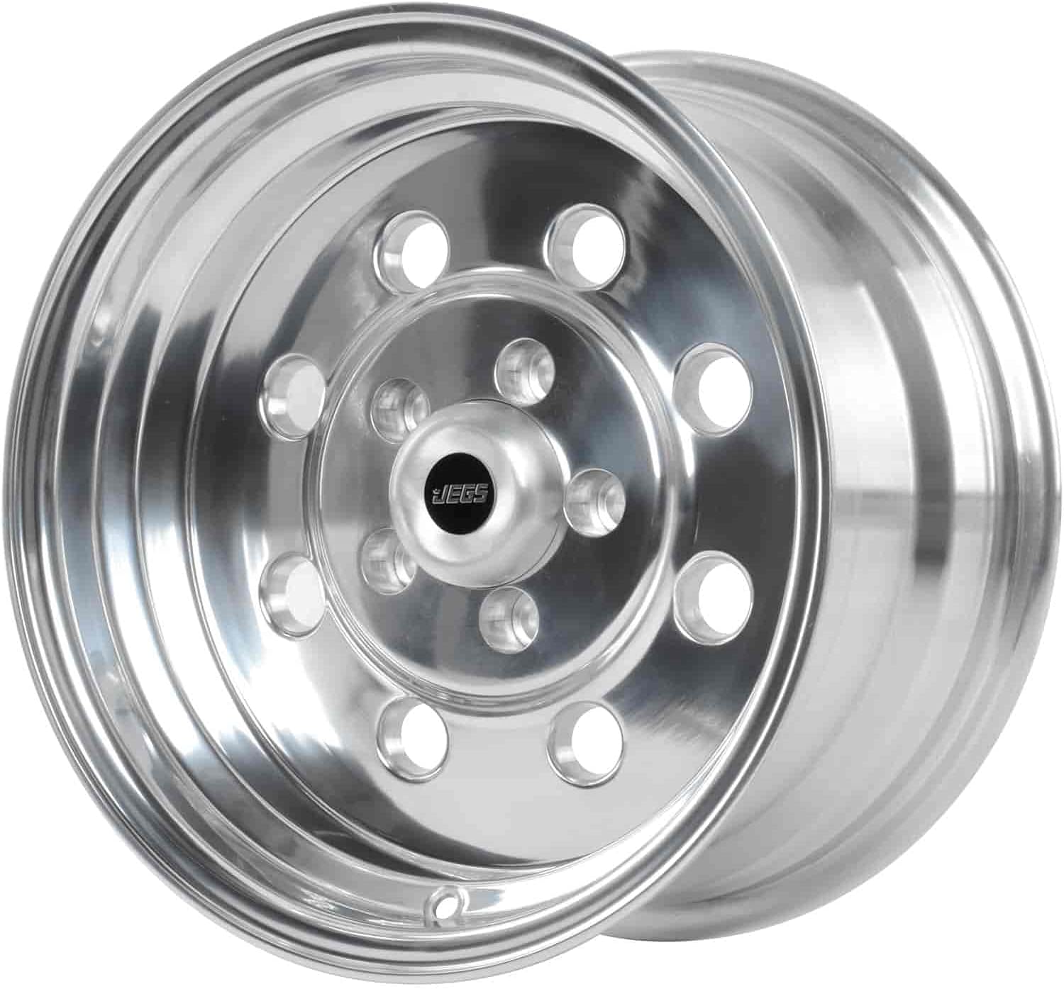 JEGS Sport Star Aluminum Wheel 15” x 8” | 5 x 4.5” Wheel Bolt Pattern Spacing | 0 mm Offset | 4.5” Backspacing | Polished Finish | 3.27” Center Bore | Includes Center Cap