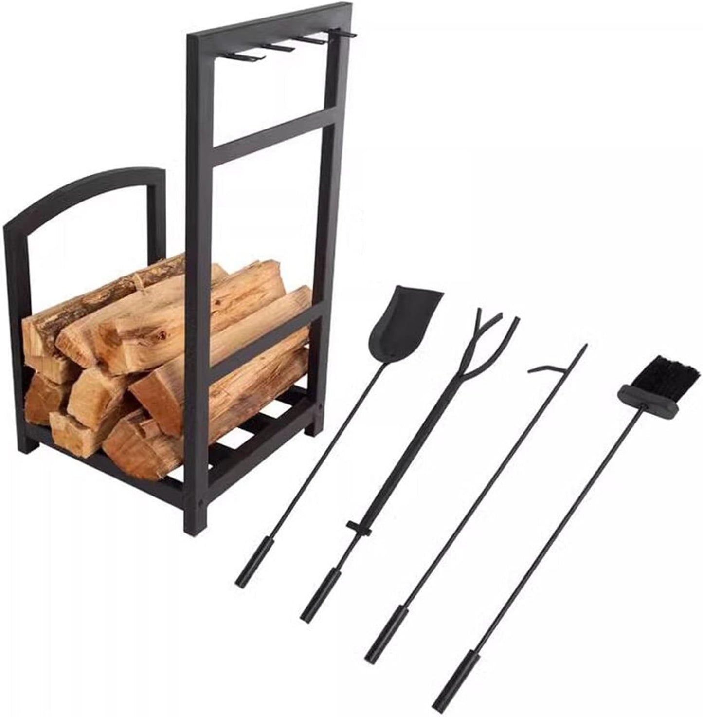 Wrought Iron Large Fire Pit Tool Set with Fire Poker Log Grabber & Stand, Heavy Duty Fireplace Tools Set, for Campfire Backyard Bonfire Indoor & Outdoor