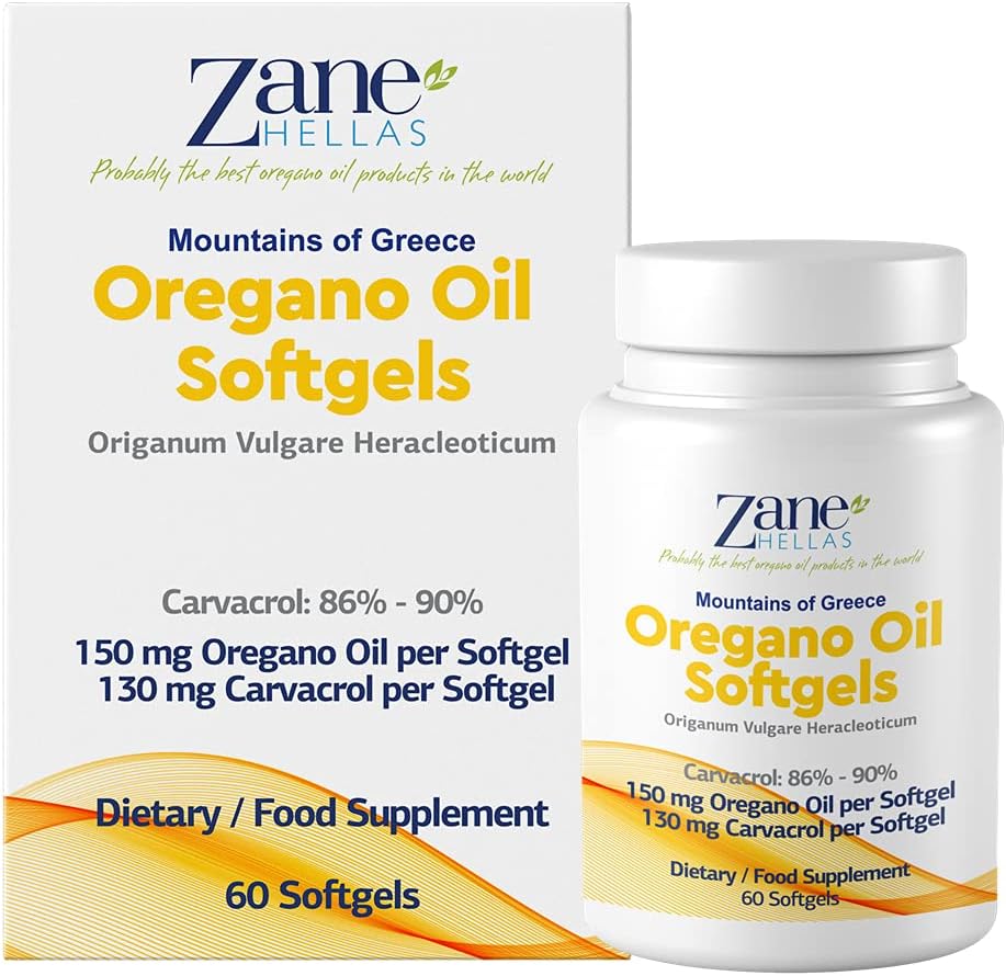 130 mg Carvacrol - 150 mg Oregano Oil per Softgel. World Highest Concentration Oregano Oil Capsule. Zane Hellas Oregano Oil. Softgel Contains 30% Greek Essential Oil of Oregano. 120 Softgels.