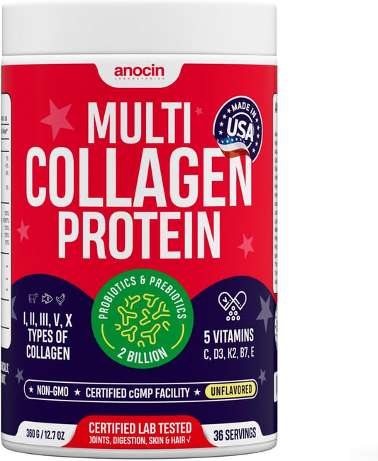 anocin Multi Collagen Peptides w\/Prebiotic + Probiotics + Type I, II, III, V, X + Hydrolyzed Collagen Powder w\/Vitamin C+D3+B7+K2+E Hyaluronic Acid, Supports Skin Hair Nail Joint, Grass-Fed, Non-GMO
