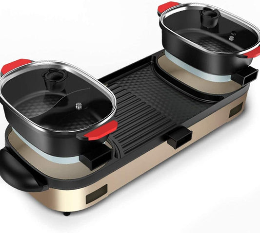 BBQ Smokeless Grill Multifunction Electric Grill Indoor Hot Pot, Home Cooker Griddle Multi Purpose Korean Barbecue Hot Pot Smokeless Teppanyaki BBQ Grill Hotpot Pot Family Dinner