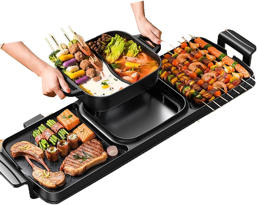 Electric Grill with Hot Pot 2 in 1 Indoor Korean BBQ Grill,2200W Multifunctional Smokeless BBQ Hot Pot Double Pot,Non-Stick Pan,for 5-10 People,for Grilling & Cooking(Double Pot)