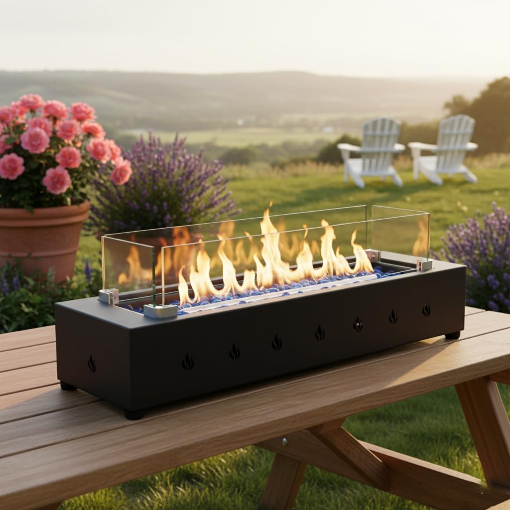 28-Inch Rectangle Propane Fire Pit, 40,000 BTU Outdoor Gas Fire Pit Table with Tempered Glass Wind Guard, Wind-Resistant & Durable Iron Firepits with Stylish Glass Beads for Patio, Balcony, Backyard