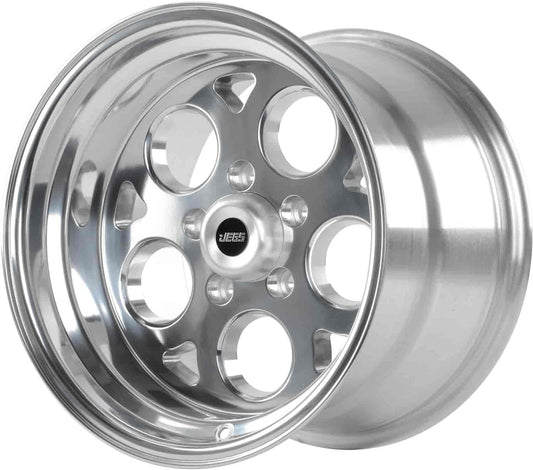 JEGS SSR Mag Wheel 15” x 10” | 5 x 4.5” Wheel Bolt Pattern Spacing | 0 mm Offset | 5.5” Backspacing | Polished Aluminum Finish | 3.27” Center Bore | Includes Center Cap