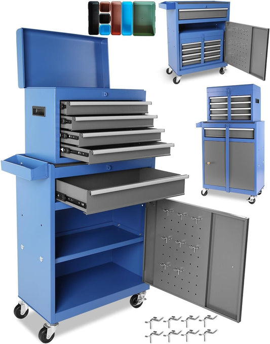 CuisinSmart 5-Drawer Rolling Tool Chest,2-in-1 Large Rolling Tool Chest with Locking Wheels & Anti-Slip Trays, Detachable Toolbox, Adjustable Shelves,for Garage, Workshop, Home Crafts,Repair Room