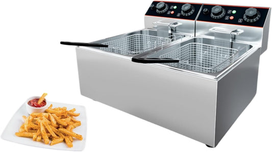 23 QT Commercial Deep Fryer，Stainless Steel Countertop Electric Deep Fryer with Basket, Individual Control,1500W+1500W