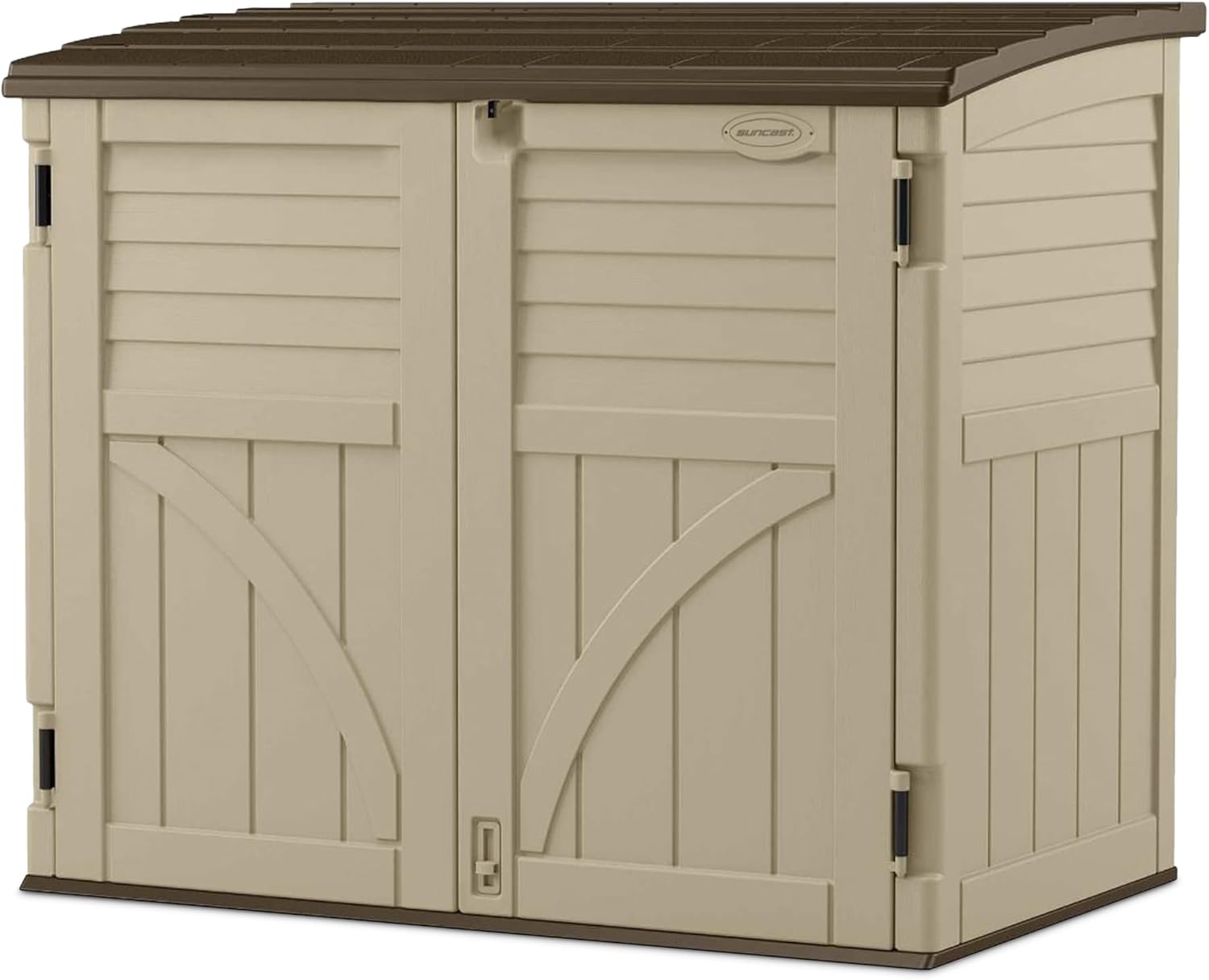 Suncast Horizontal Shed, Compact Outdoor Storage System, 34 Cu. Ft. Capacity, Sand & Slate - Lockable Multi-Wall Resin Organizer for Garbage Cans, Garden Tools, Bins, Bikes and Yard Equipment