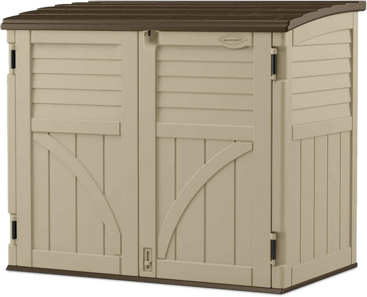 Suncast Horizontal Shed, Compact Outdoor Storage System, 34 Cu. Ft. Capacity, Sand & Slate - Lockable Multi-Wall Resin Organizer for Garbage Cans, Garden Tools, Bins, Bikes and Yard Equipment
