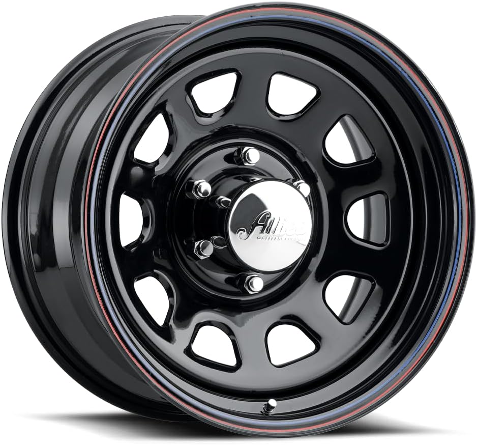 Allied Wheel 52B Black Daytona 16X8 5X135, 4"BS, Durable Gloss Black Finish Steel Wheel for Cars and Light Trucks, Chrome Cap Included, Protective E-Coating