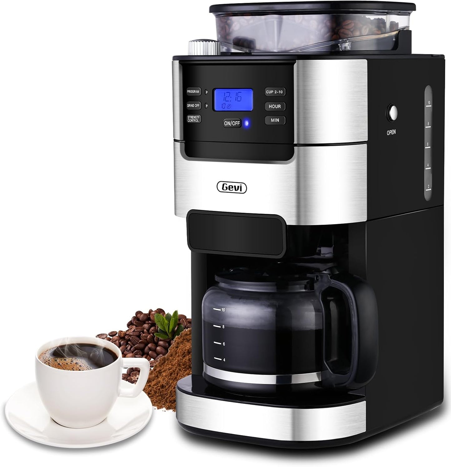 Gevi 10-Cup Coffee Maker with Built-in Burr Grinder, Programmable Timer, 1.5L Water Tank, Reusable Filter & Warming Plate \u2013 Drip Coffee Machine for Fresh Ground Coffee