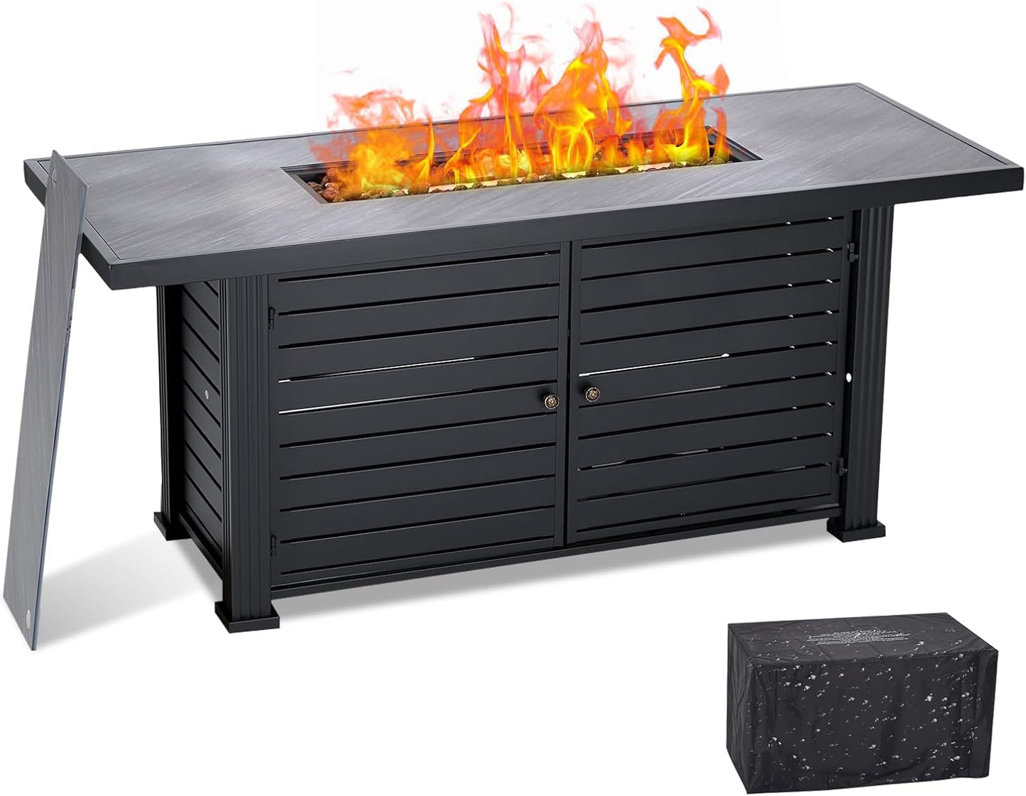 52" Fire Pit Table 50000BTU Outdoor Gas Fire Pits Rectangular with Rain Cover, Sturdy Steel and Iron Fence Surface for Outside Patio Deck Garden