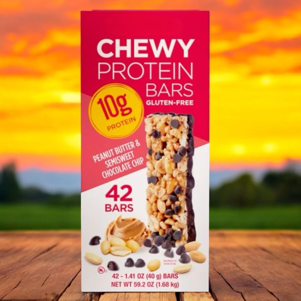 Chewy Protein Bars - Peanut Butter & Chocolate Chip, 10g Protein, Gluten-Free, 42 Count, 1.41 oz Each, 59.2 oz Total