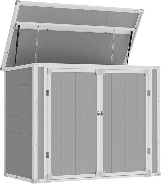 Amopatio 41 Cu Ft Outdoor Storage Shed, Horizontal Resin Trash Can Storage, Weather Resistance, Storage Box with Floor Included for Garden Tools, Lawn Mowers, Garbage Cans, Patio Use, Sandstone