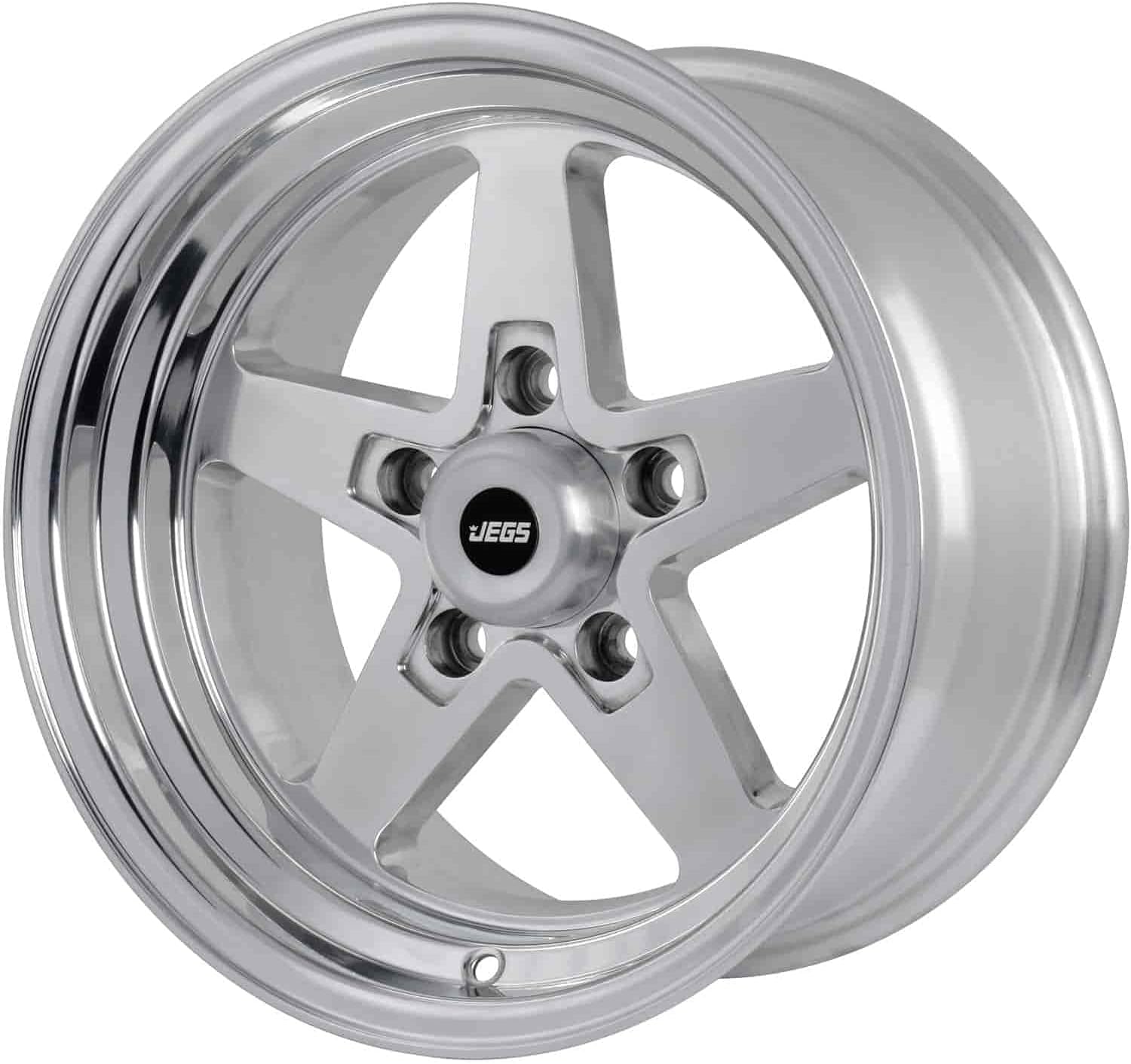 JEGS SSR Star Aluminum Wheel 15” x 8” | 5 x 4.5” Wheel Bolt Pattern Spacing | 0 mm Offset | 4.5” Backspacing | Polished Aluminum | 3.27” Center Bore | Includes Center Cap