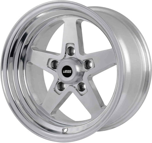 JEGS SSR Star Aluminum Wheel 15” x 8” | 5 x 4.5” Wheel Bolt Pattern Spacing | 0 mm Offset | 4.5” Backspacing | Polished Aluminum | 3.27” Center Bore | Includes Center Cap