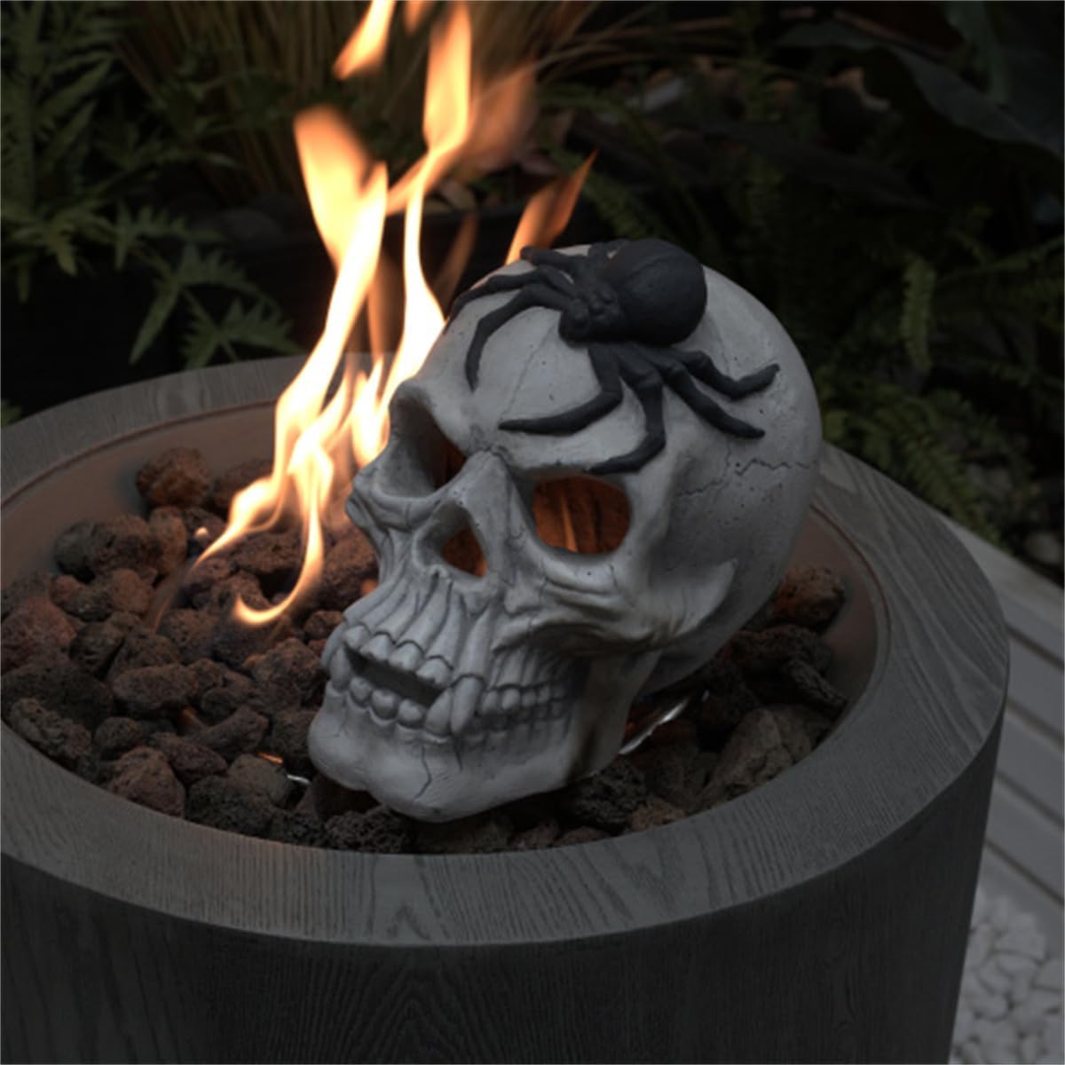 Metal Skull Fire Pit Log, Halloween Decor with Eerie Flame Effects Through Eye Sockets, Realistic Human Skull Outdoor Fireplace Decoration for Spooky Yard Party Display
