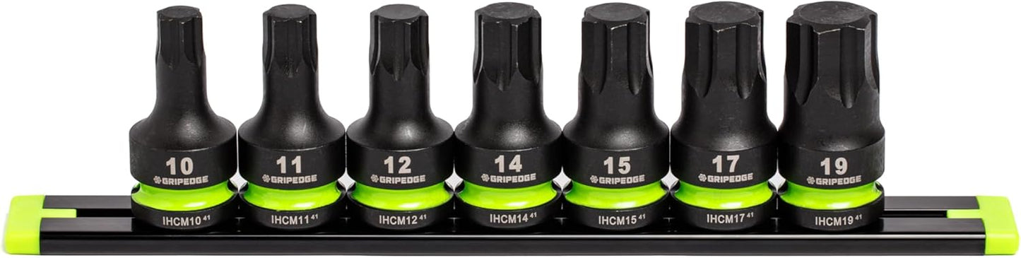 GRIPEDGE Tools | 7-PC - 1/2" Dr Short Metric Impact R.P.T. Hex Driver Set | Sizes 10, 11, 12, 14, 15, 17, 19 MM| Made With Cr-Mo Steel | Includes Premium Aluminum Socket Rail |