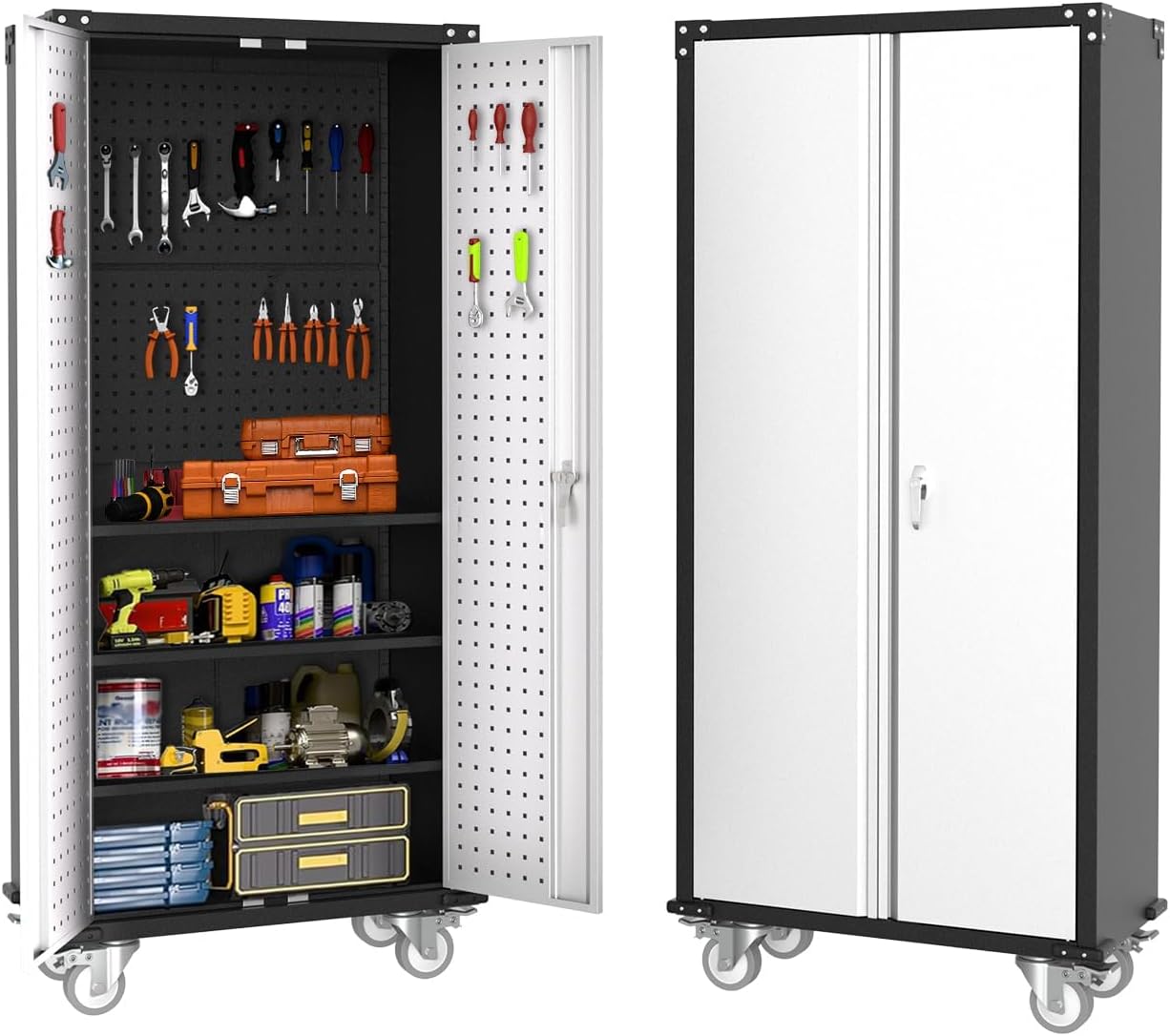 72" Garage Storage Cabinet with Wheels, Locking Metal Cabinet with Door Pegboard & 4 Adjustable Shelves, Heavy Duty Steel Rolling Tool Cabinet for Garage, Workshop, Home, Office - Gray
