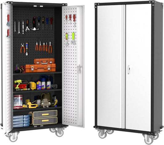 72" Garage Storage Cabinet with Wheels, Locking Metal Cabinet with Door Pegboard & 4 Adjustable Shelves, Heavy Duty Steel Rolling Tool Cabinet for Garage, Workshop, Home, Office - Gray