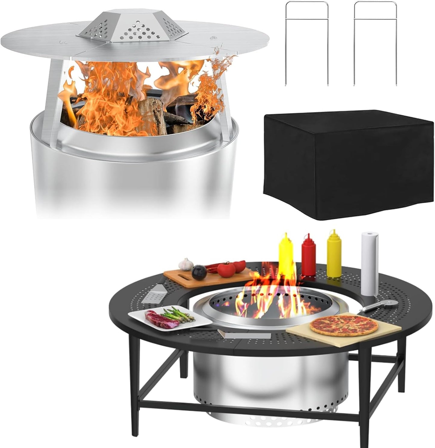Fire Pit Surround Tabletop & Heat Deflector for Solo Stove Bonfire 19.5", Powder-Coated Steel Stove Table Surround with 304 Stainless Steel Fire Pit Pellet Adapter Diffuser for Solo Stove
