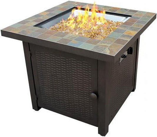 Hiland GFT-60843 High Output Propane Fire Pit, 50,000 BTU w/Amber Fire Glass Included, 30" Square, Slate Top