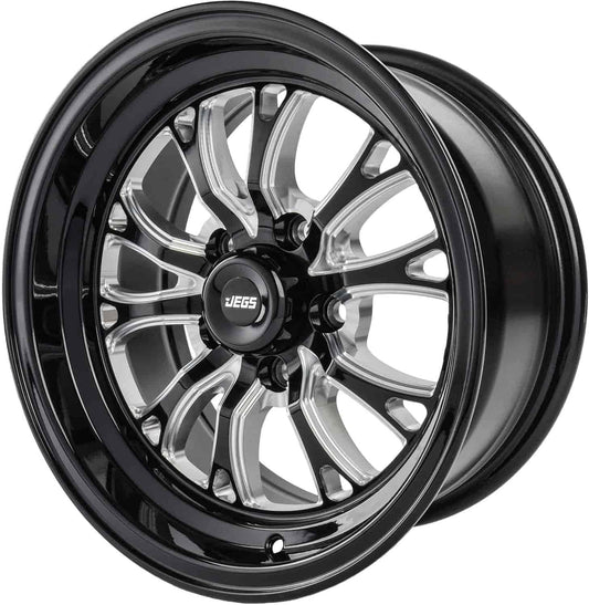 JEGS SSR Spike Wheel 15 x 7 | 5 x 4.5” Wheel Bolt Pattern Spacing | 0mm Offset | 4” Backspacing | Gloss Black with Milled Spoke Accents | 3.27” Center Bore