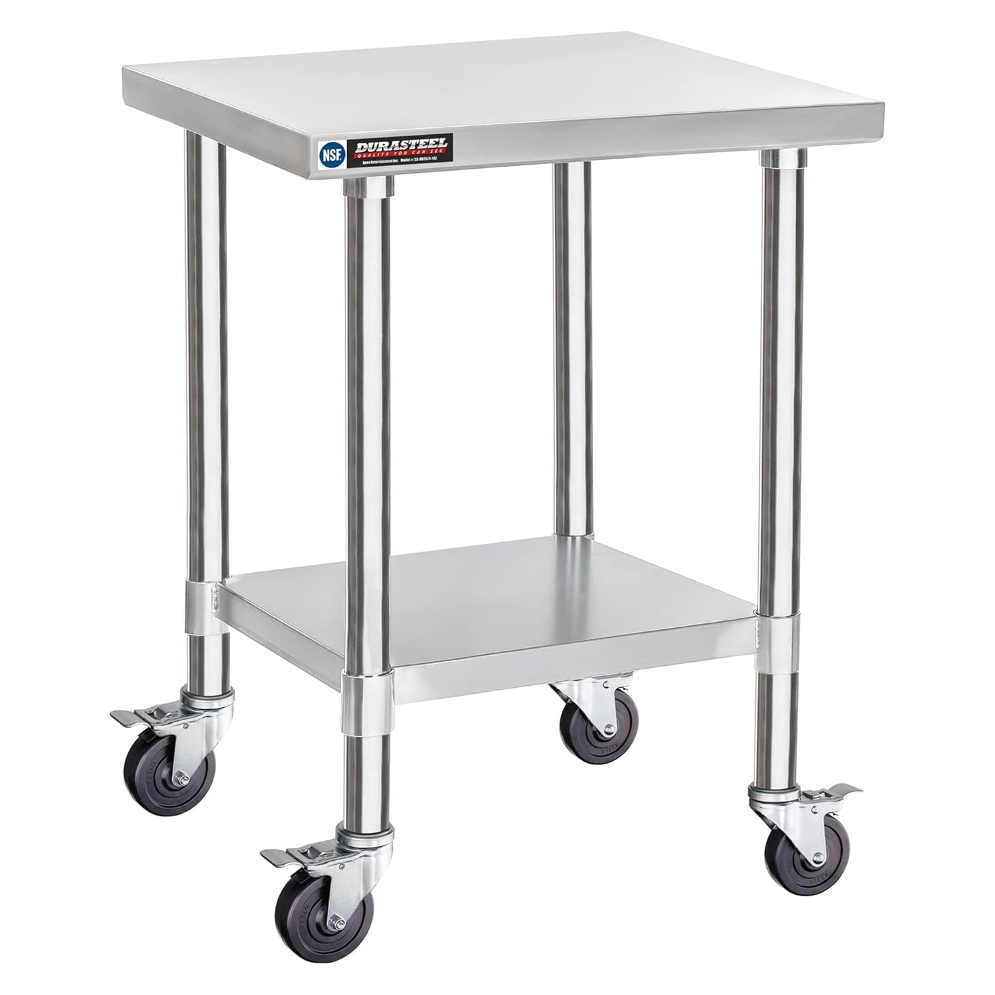 DuraSteel 24x24 NSF Stainless Steel Cart Work Table - Heavy Duty Rolling Food Prep Table - Metal Utility Cart on Wheels Caster, Grill Stand Microwave Outdoor Kitchen Tables Countertop Island Large Top